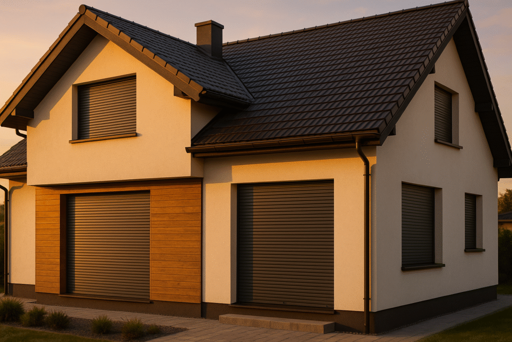 Nowoczesny dom w Skawinie z zamkniętymi roletami zewnętrznymi o zmierzchu
