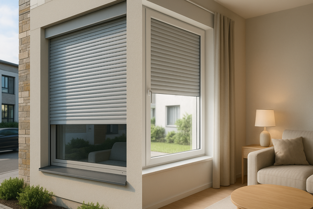 Okno z opuszczoną roletą zewnętrzną w domu przy ulicy jako sposób na poprawę komfortu i ograniczenie hałasu
